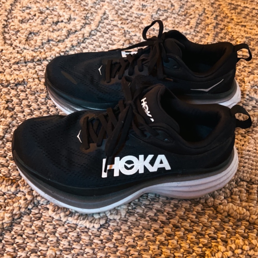 HOKA women's Bondi 8 Shoes in Black and White, size 7